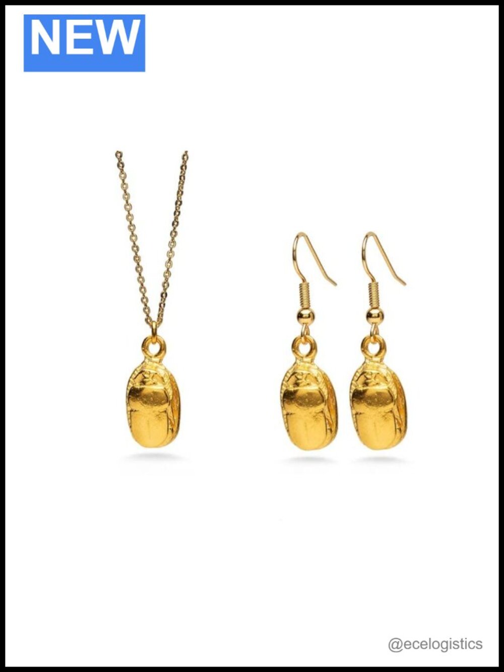 Egyptian Scarab Pendant Necklace and Earrings Set - Gold Plated